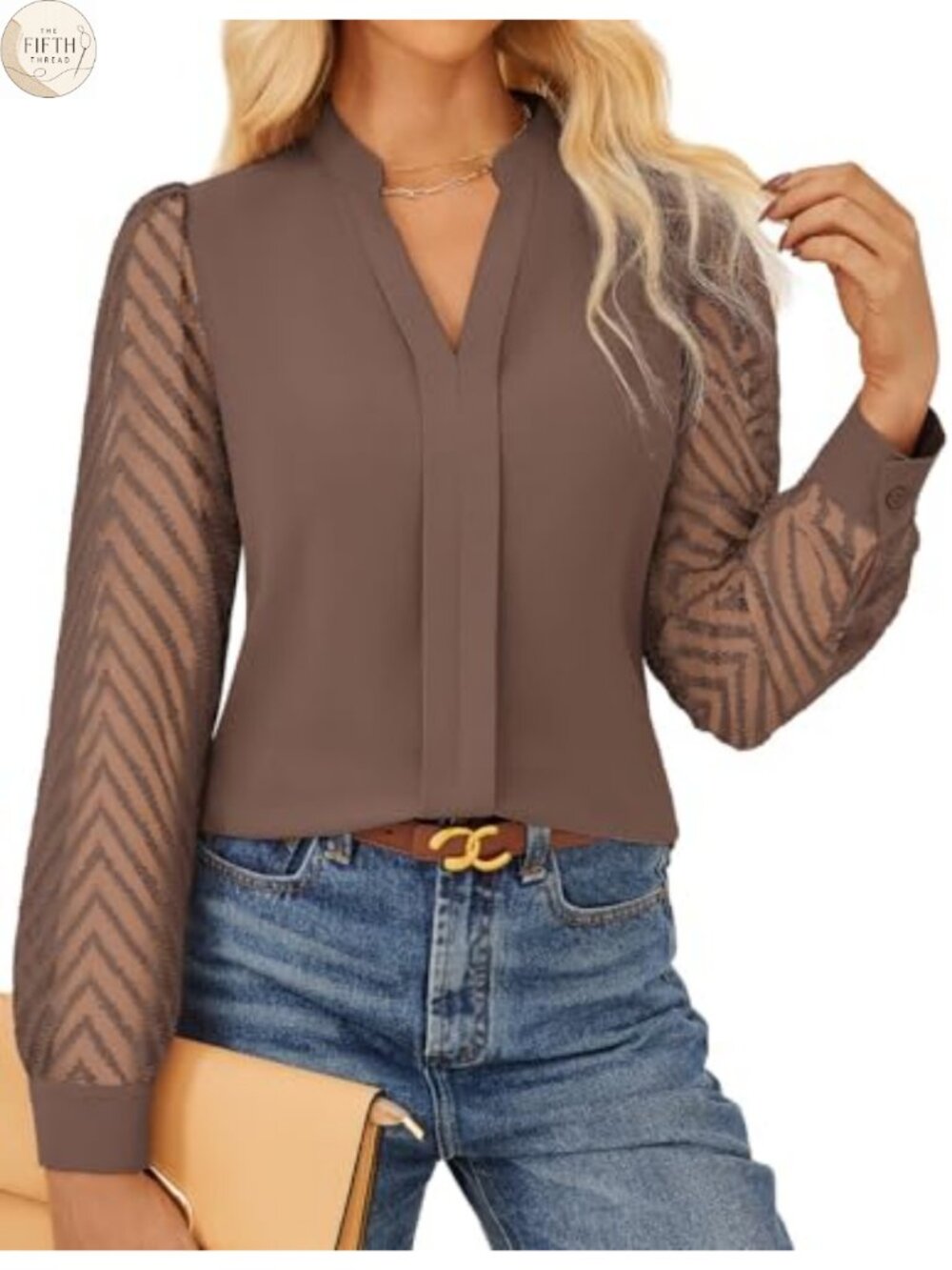 Lace Puff Sleeve Blouse Pleated Henley V Neck Long Sleeve Womens Office Top